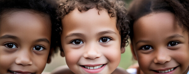 portrait close up of three children smiling, generative ai