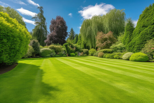 Beautiful wide format image of a manicured country lawn surrounded by trees and shrubs on a bright summer day. Spring summer nature.