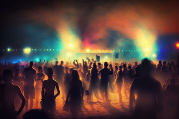 beach party with blurred people, ai generated