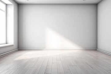 Empty light interior background. White textured empty wall and wooden light floor with beautiful lighting. AI generated. 