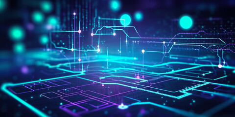 Obraz premium abstract background, telecommunications tech concept with blue lights, futuristic computing wire circuits, in the style of purple and blue, Generative AI