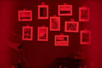 Darkroom with red lighting and collection of professional photos on the wall