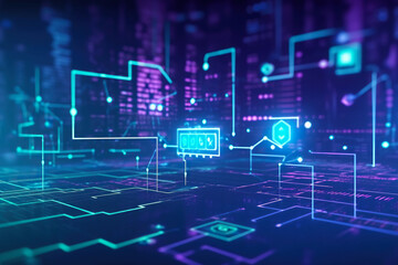 abstract background, telecommunications tech concept with blue lights, futuristic computing wire circuits, in the style of purple and blue, Generative AI