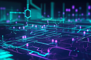 Naklejka premium abstract background, telecommunications tech concept with blue lights, futuristic computing wire circuits, in the style of purple and blue, Generative AI