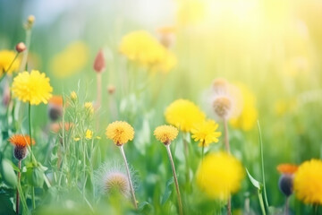 Beautiful colorful summer spring natural flower background in the form of a banner. Wildflowers and yellow dandelions on a bright sunny day with beautiful bokeh.