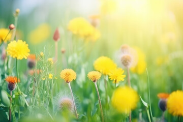 Fototapeta premium Beautiful colorful summer spring natural flower background in the form of a banner. Wildflowers and yellow dandelions on a bright sunny day with beautiful bokeh.