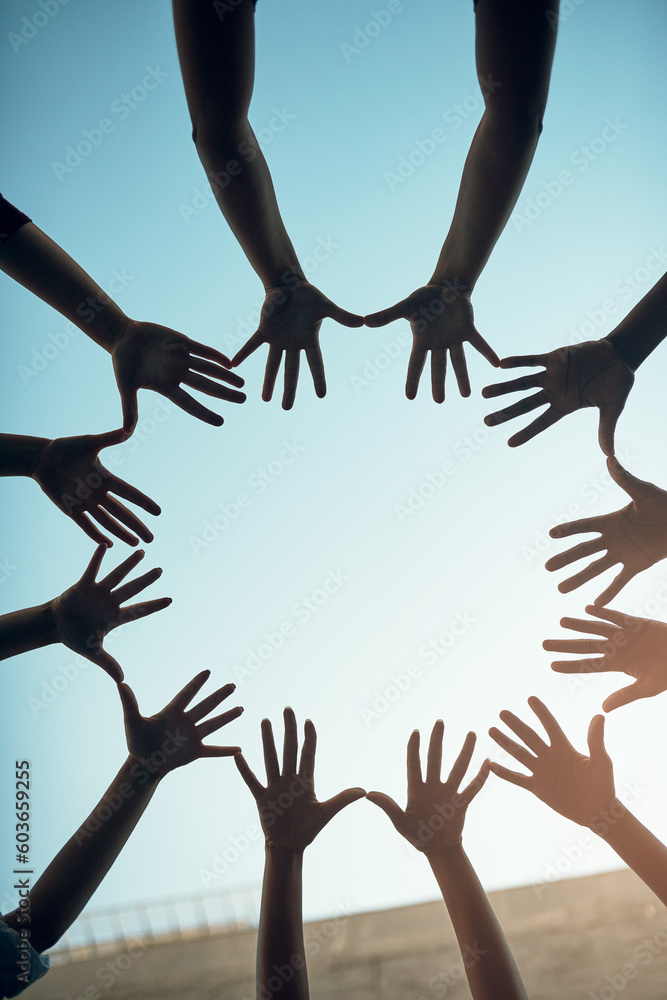 Poster Group, circle and teamwork with open hands of people for support, community and help with bottom view. Collaboration, trust and motivation with closeup of friends for mockup, solidarity and faith