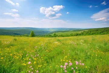 Obraz premium Beautiful natural spring summer landscape of a flowering meadow in a hilly area on a bright sunny day. Many flowers in a field in green grass. Small zone of sharpness