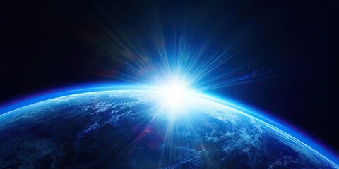 Blue Earth Sunlight in Space. Global Perspective. Generative AI illustrations.