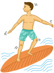 Happy man on surfboard. summer activity. character illustration  isolated on white background. Hand drawn pastel, crayon, oil pastel and chalk illustration