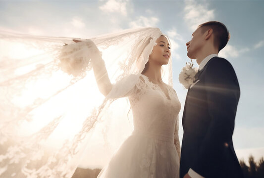 newlyweds holding wedding veil in the sky,  in elegant clothing, sunrays shine,  joyful and optimistic, dark beige and white mood, generative ai
