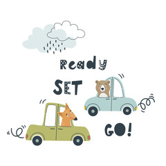 Hand-drawn various animals in cars. Vector illustration. Cartoon style. All elements are isolated. Ideal for sticker printing © Evgeniia