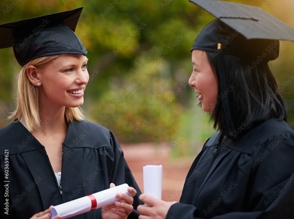 Canvas Prints Graduation, girl friends and study diploma of students with happy communication outdoor. Mockup, female student and campus graduate with happiness and college achievement with diversity and toga