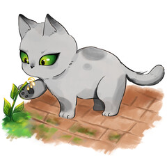 Cat with flowers, transparent background illustration