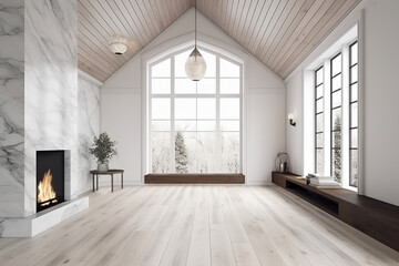 Spacious living room in Scandinavian style with large panoramic windows, wooden floor, marble fireplace. Generative AI