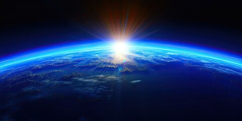 Blue Earth Sunlight in Space. Global Perspective. Generative AI illustrations.