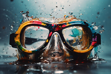 A yellow snorkel swimming goggles floating in a rippled water, Close-up protective swimming goggles under water in the pool, generative ai