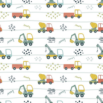 Cartoon vehicles vector seamless pattern. Cute kids ambulance, police car, school bus and truck isolated on white background.
 Hand drawn baby transport for textile