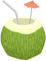 Coconut water drink in summer.Young green coconut isolated on white background. Hand drawn pastel, crayon, oil pastel and chalk illustration