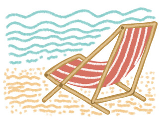 Fototapeta na wymiar Beach chair on the beach. summer activity on weaves and sand isolated on white background. Hand drawn pastel, crayon, oil pastel and chalk illustration