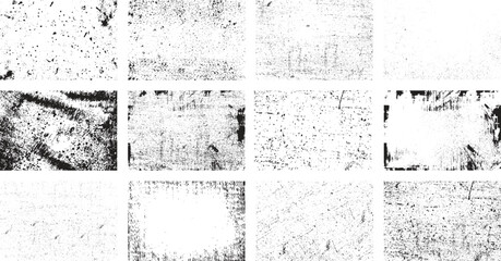 Overlay textures set stamp with grunge effect. Old damage Dirty grainy and scratches. Set of different distressed black grain texture. Distress overlay vector textures. - obrazy, fototapety, plakaty