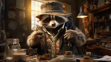 Fototapeta premium A generative AI illustration of a crazy raccoon disguised as a detective working criminal cases