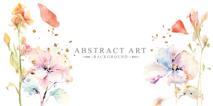 Abstract floral art vector background. Hand drawn flowers line art botanical watercolor. Use by Template design, invitation card, banner, print, greeting card, poster, wallpaper, cover decoration.