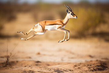 Stunning Springbok jumping in the african savannah. Amazing wild life. Generative Ai - obrazy, fototapety, plakaty