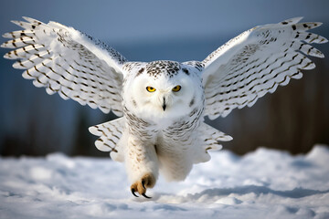Fototapeta premium Stunning front view of snowy owl with open wings. Amazing wild life. Generative Ai
