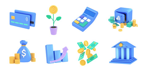 3D set of financial, business or credit icons. Achieving goals, saving money, banking, managing financial income, investment, deposit, exchange concept. 3d render illustration.