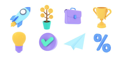 3D set of commercial, start up or  business icons. Achieving goals, saving money, ecomony, managing financial income, investment, trading market concept. 3d render illustration.