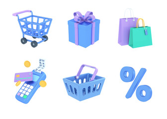 3D icons of shopping, sale, economy. Online shopping, saving money, promotion, managing financial income, e-commerce, trading market, payment concept, online store. 3d render illustration.