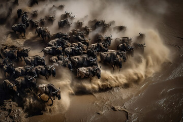 Stunning Serengeti Great Wildebeest Migration In Tanzania. Amazing wild life. Generative Ai