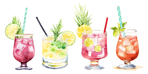 Set of cocktails, summer drinks watercolor clipart. Vector. Refreshing beverage glasses with ice mint and straw