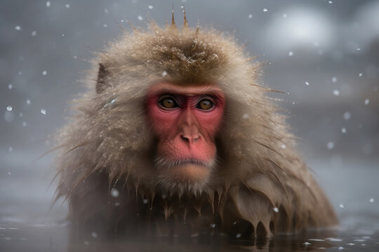 Stunning Japanese snow monkey in hot springs. Amazing wild life. Generative Ai