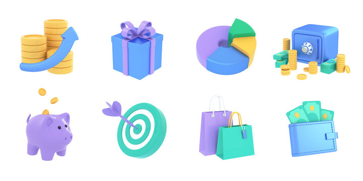 3D set of commercial or business icons. Achieving goals, saving money, ecomony, managing financial income, investment, trading market concept. 3d render illustration.