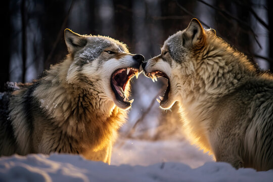 Stunning gray wolves fighting in snow. Amazing wild life. Generative Ai