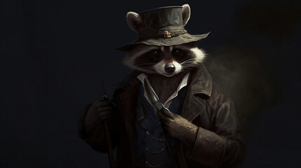 A generative AI illustration of a crazy raccoon disguised as a detective working criminal cases