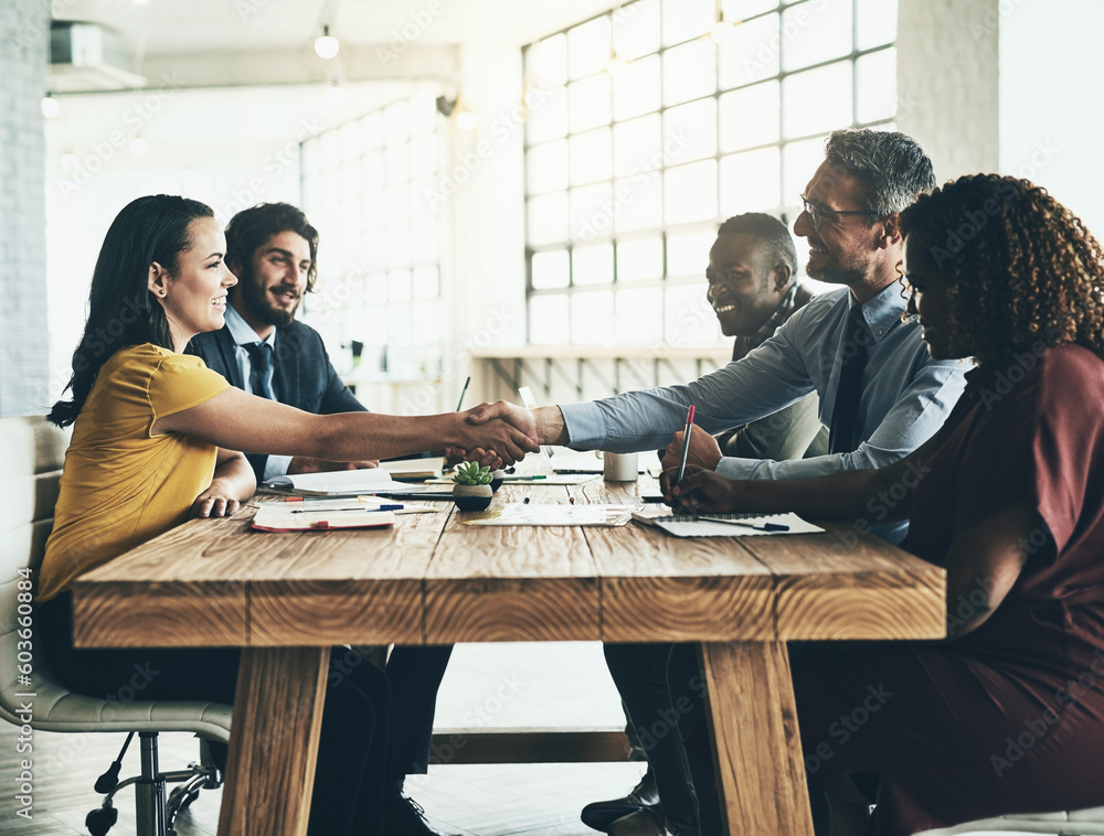 Canvas Prints Business man, partnership handshake and deal in a meeting with agreement and contract. Thank you, success and b2b work with shaking hands to welcome and show congratulations from happy teamwork