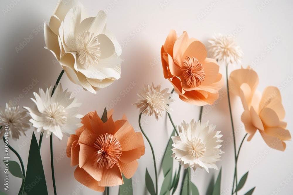 Poster a bouquet made of paper flowers arranged in a cluster and placed on top of a table generative ai