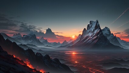 Fantasy planet. Mountain and lake. 3D illustration.