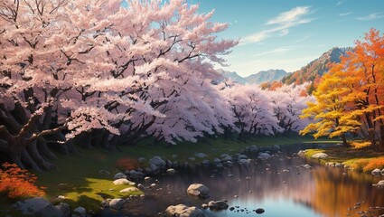Obraz premium Cherry blossoms and lake in japanese garden at sunset