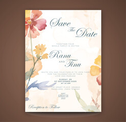 Wedding invitation card template design. Beautiful watercolor florals and leaves wedding invitation card. Premium vector design