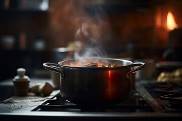 A blurred kitchen background with a pot simmering on the stove, emitting fragrant aromas Generative AI