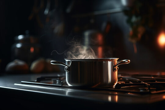 A blurred kitchen background with a pot simmering on the stove, emitting fragrant aromas Generative AI