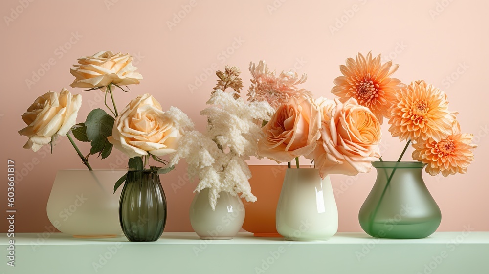 Poster a number of vases, each of which is filled with a distinct kind of flower generative ai