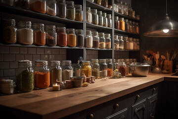 Blurred kitchen cabinets with neatly organized jars of spices and herbs Generative AI