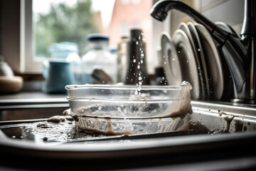 A blurred kitchen sink with running water and dishes being rinsed in the background Generative AI