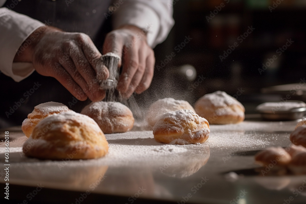 Poster a blurred view of a baker dusting powdered sugar onto pastries in the background generative ai