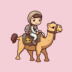 Flat Style Cartoon Vector, Cute Kid Riding a Camel during Eid Al Adha Festivities
